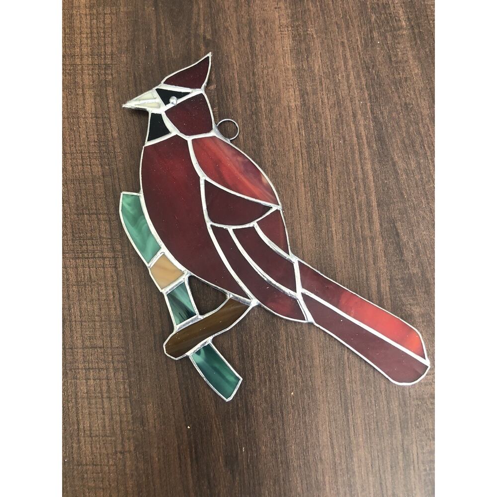 Vintage Leaded Stained Glass Cardinal Red Bird Art Glass Window Sun Catcher